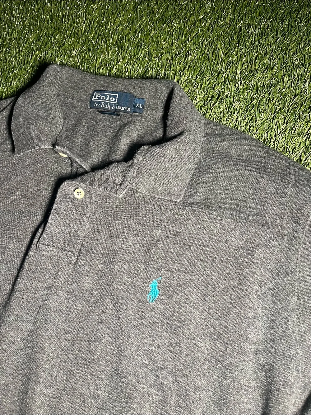 Polo Ralph Lauren Men's XL Gray Polo Shirt with Teal Logo
